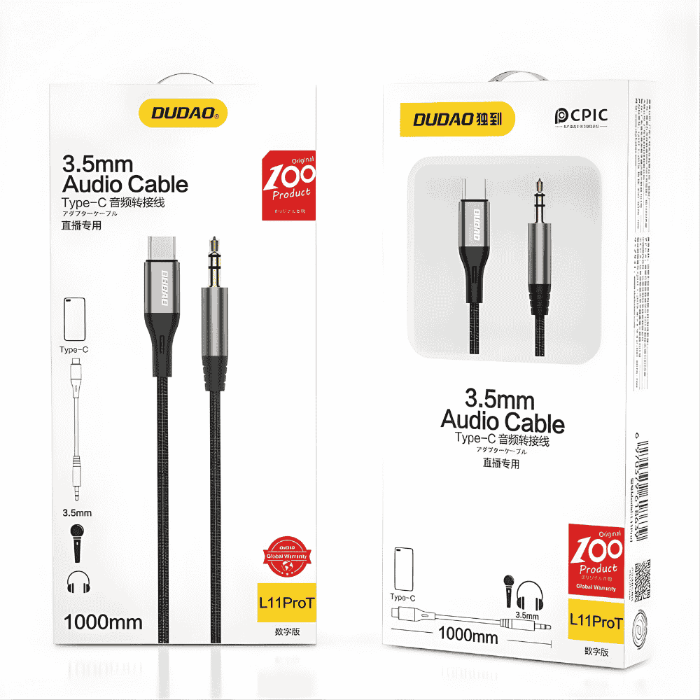 Dudao 3.5mm Jack to USB-C kabel 1m grå - Billede 2
