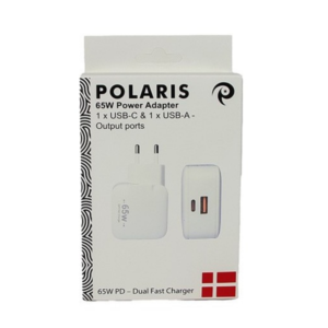 65w Strømforsyning til telefoner/tablets/computere - USB-C + USB-A - hvid