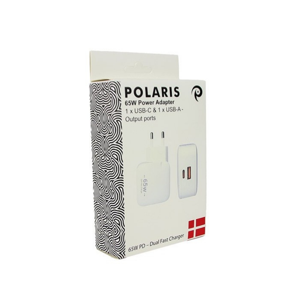 65w Strømforsyning til telefoner/tablets/computere - USB-C + USB-A - hvid - Billede 2